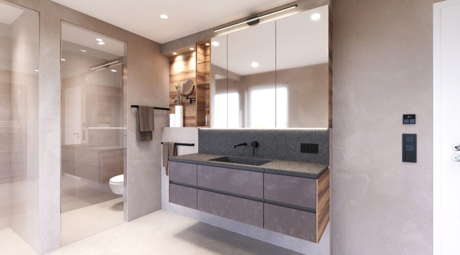 03 bad-pec_mue_01-tischlerei_innenarchitektur_wagenleitner_senftenbach Badezimmer in Anthrazit mit Spiegelschrank