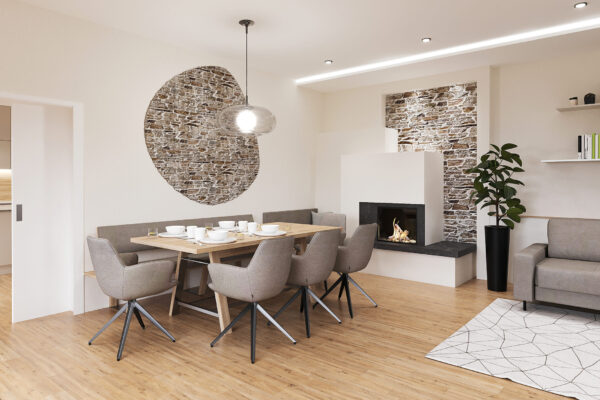 Modernes Wohn- Esszimmer mit Kamin und Sichtziegeln